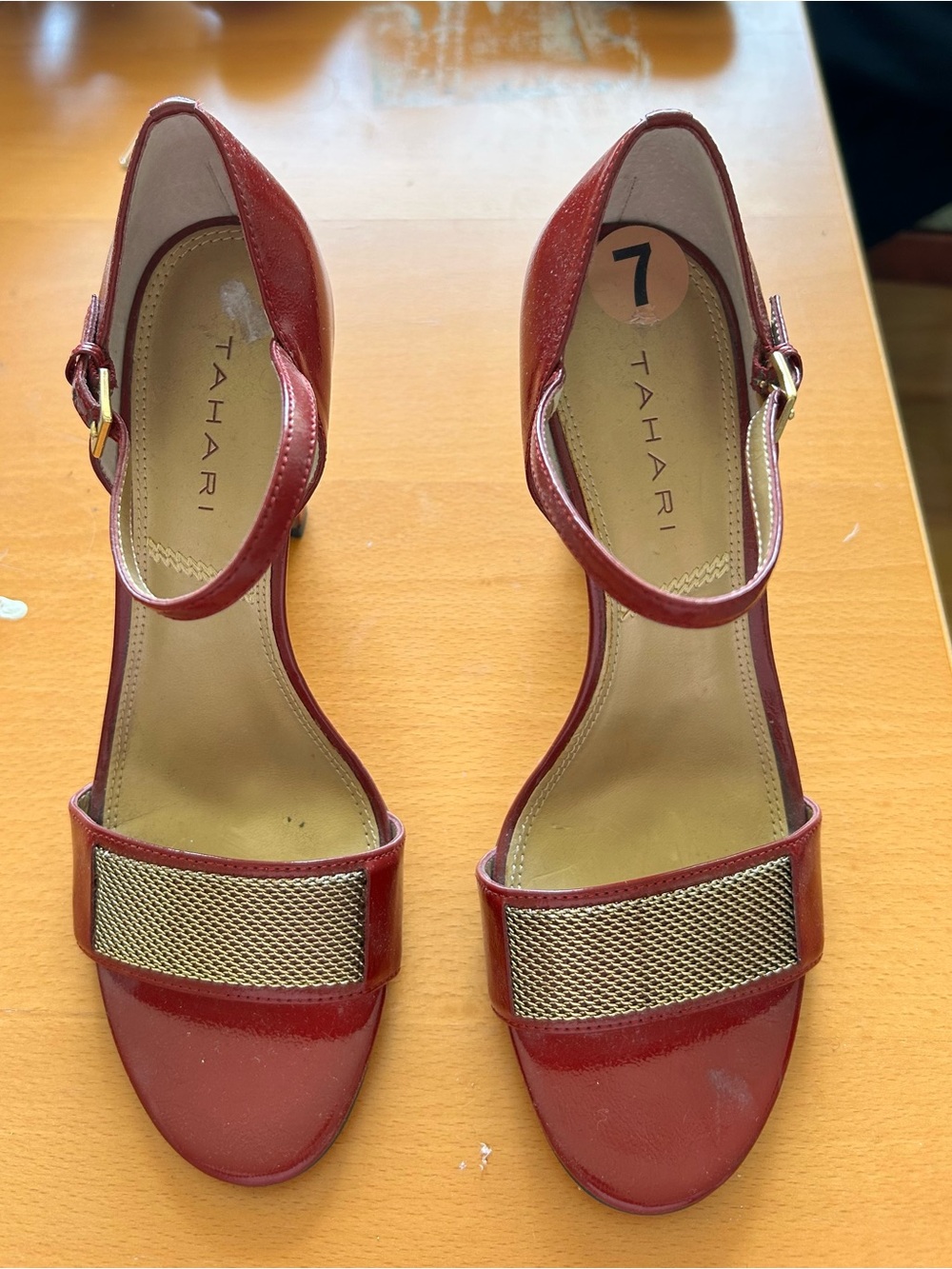 Tahari Burgundy Ankle-Strap Heels with Gold Mesh Band